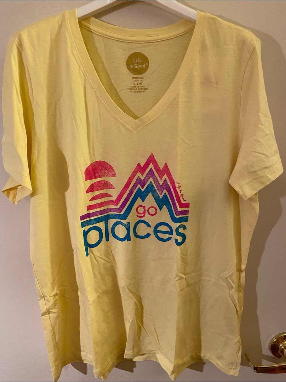 Life Is Good Yellow V-Neck 'Go Places' Graphic Tee